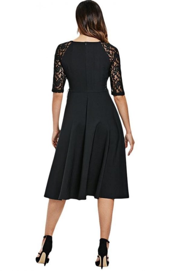 The Best Criss Cross Lace Sleeve Retro Flare Dress Online - Source Silk