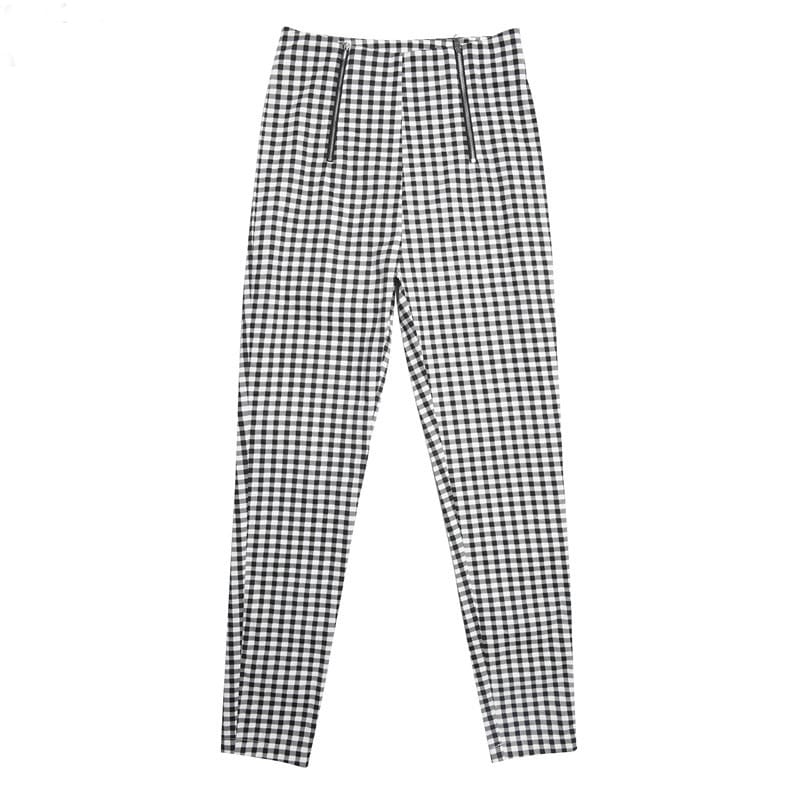 Cotton Comfortable Women Plaid Pants Side Stripe Casual Elastic Pants