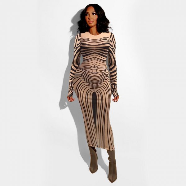 Long sleeve mesh sheer party dress transparent striped printed bodycon dress Maxi dress Optical illusion wavy Vestidos - Takalr