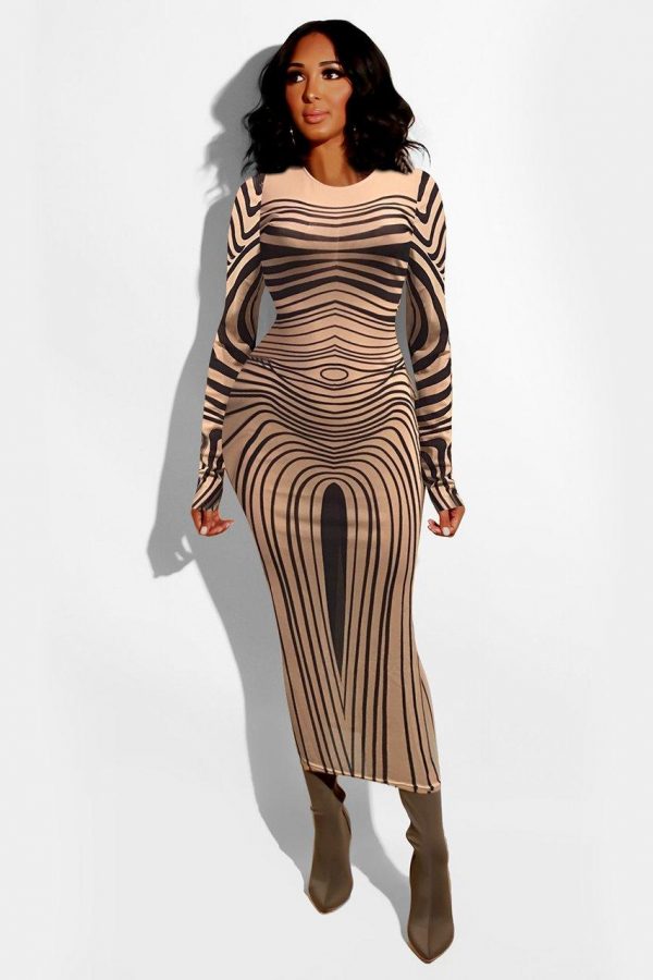 Long sleeve mesh sheer party dress transparent striped printed bodycon dress Maxi dress Optical illusion wavy Vestidos - Takalr