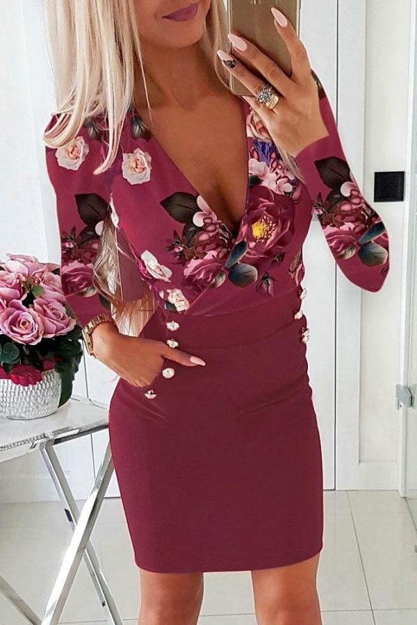 The Best Deep V Neck Dress Women's Sexy Floral Long Sleeve Bodycon Dress Fashion Lady Flowers Patchwork Short Dress Online - Takalr