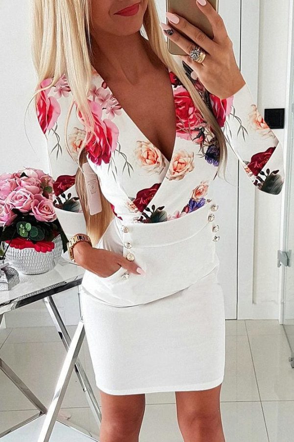 The Best Deep V Neck Dress Women's Sexy Floral Long Sleeve Bodycon Dress Fashion Lady Flowers Patchwork Short Dress Online - Takalr