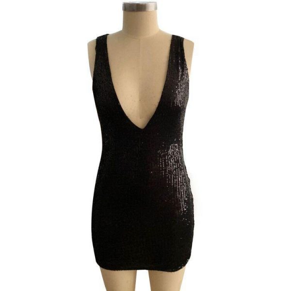 deep v neck sequined dress women sleeveless party dress Slim fit black sequins bodycon dresses summer mini vestidos - Takalr