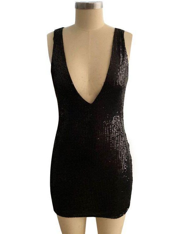 deep v neck sequined dress women sleeveless party dress Slim fit black sequins bodycon dresses summer mini vestidos - Takalr