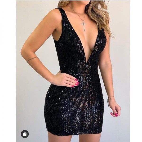 deep v neck sequined dress women sleeveless party dress Slim fit black sequins bodycon dresses summer mini vestidos - Takalr