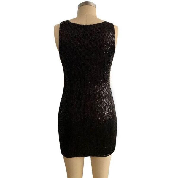 deep v neck sequined dress women sleeveless party dress Slim fit black sequins bodycon dresses summer mini vestidos - Takalr