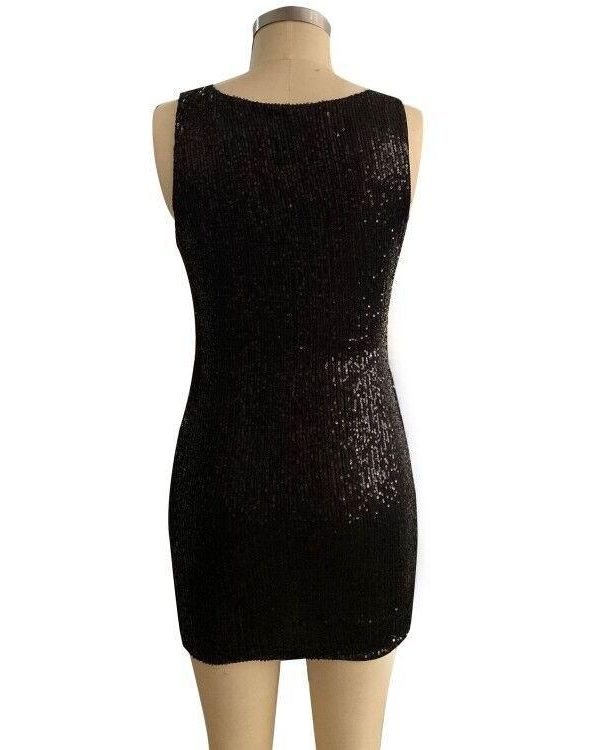 deep v neck sequined dress women sleeveless party dress Slim fit black sequins bodycon dresses summer mini vestidos - Takalr