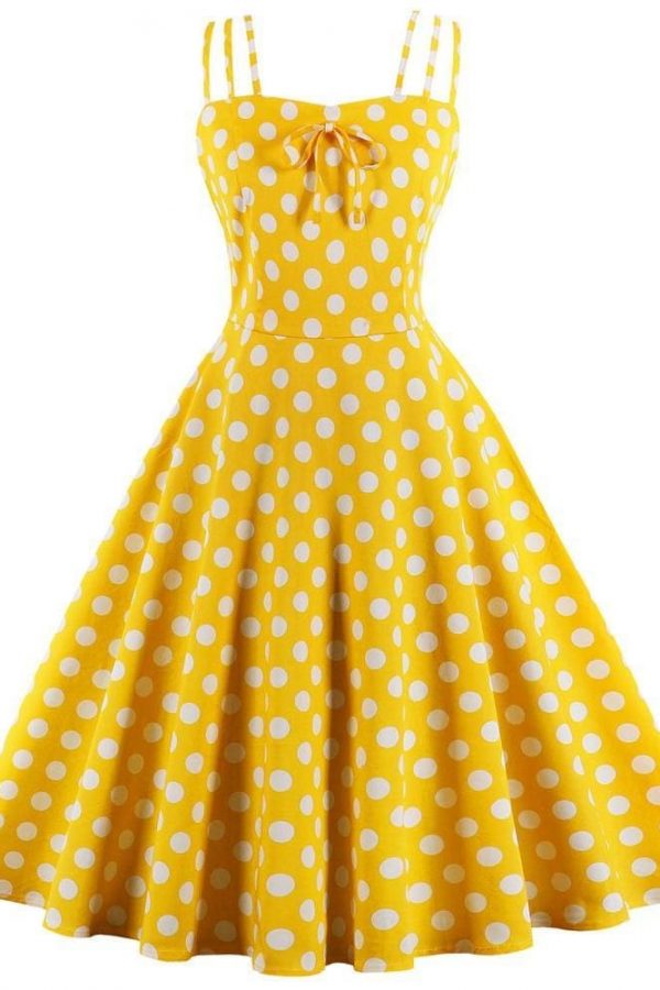 The Best Dot Print Vrouwen Zomer Party Dress Hoge Taille Vintage A-lijn jurk Online - Source Silk