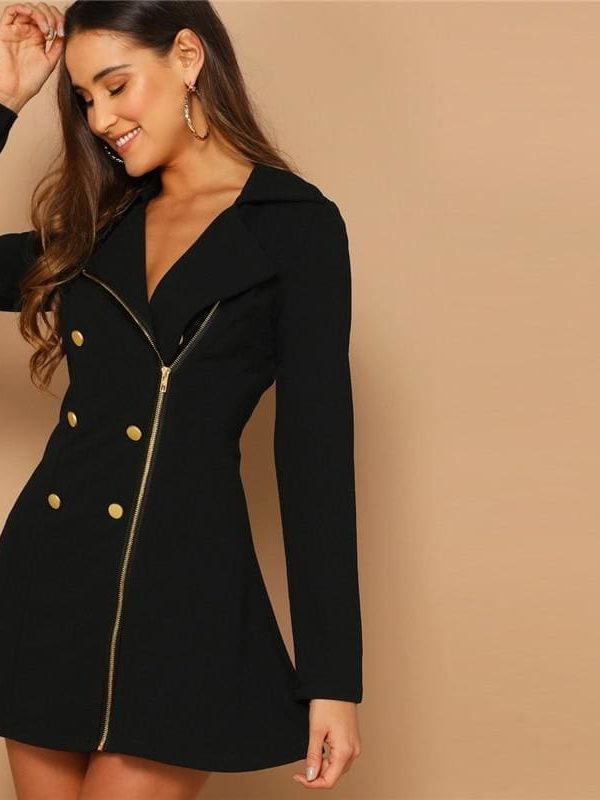 The Best Double Breasted Detail Asymmetrical Zip Up Notched Fit Elegant Dresses Online - Takalr