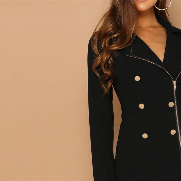 The Best Double Breasted Detail Asymmetrical Zip Up Notched Fit Elegant Dresses Online - Takalr