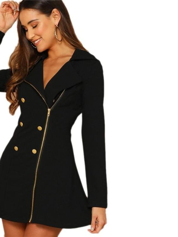 The Best Double Breasted Detail Asymmetrical Zip Up Notched Fit Elegant Dresses Online - Takalr