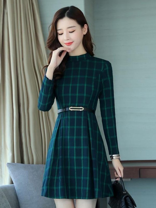 dress autumn outfit women plaid print long sleeve o neck belted outfit - Takalr