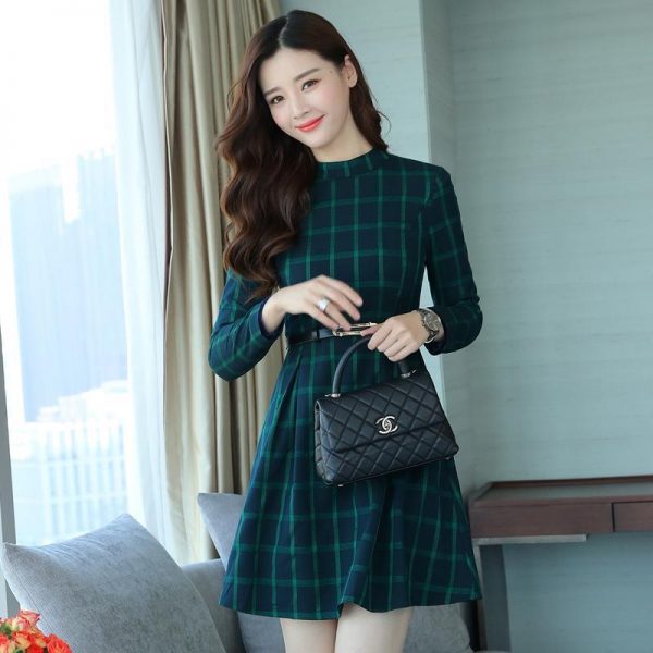 dress autumn outfit women plaid print long sleeve o neck belted outfit - Takalr