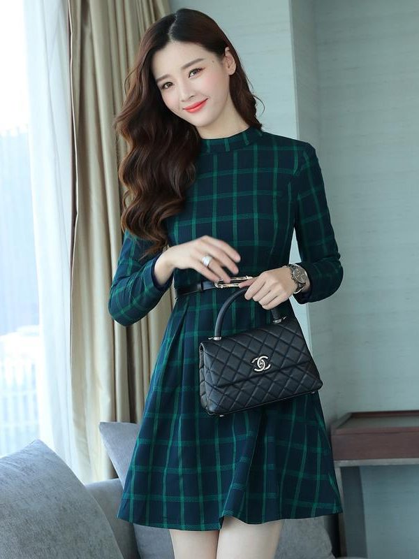 dress autumn outfit women plaid print long sleeve o neck belted outfit - Takalr