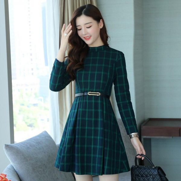 dress autumn outfit women plaid print long sleeve o neck belted outfit - Takalr