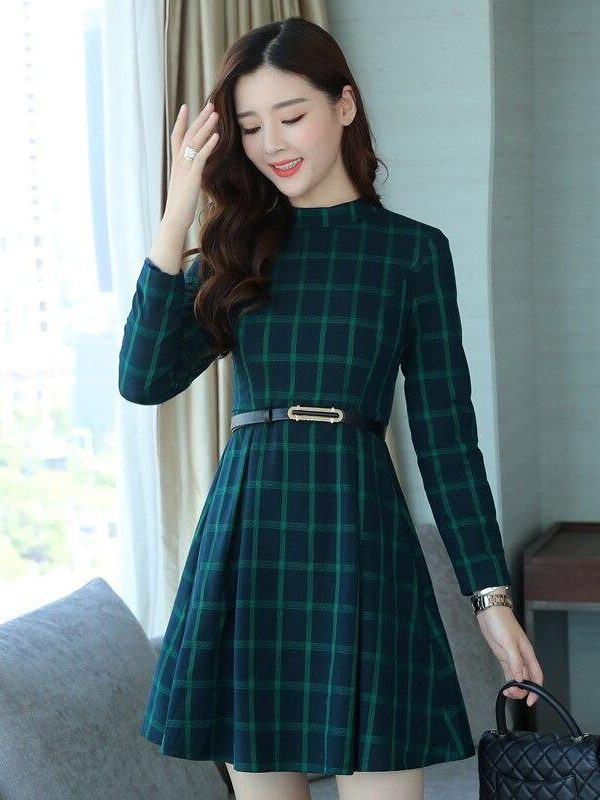 dress autumn outfit women plaid print long sleeve o neck belted outfit - Takalr