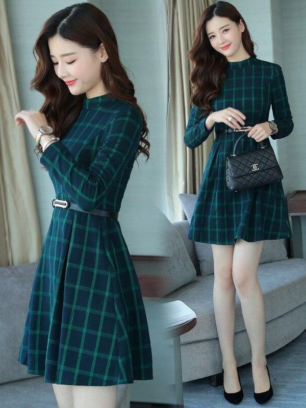 dress autumn outfit women plaid print long sleeve o neck belted outfit - Takalr