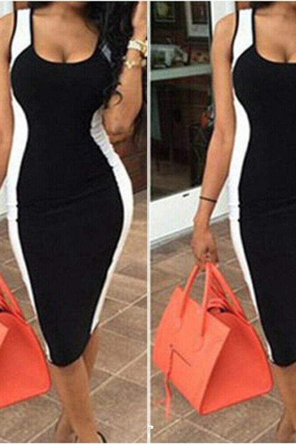 The Best Dress Fashion Women Backless Bodycon Dress Sleeveless Black White Patchwork Low Cut Package Hip Dress Online - Takalr