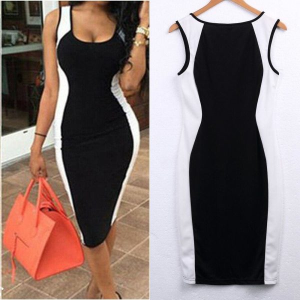 The Best Dress Fashion Women Backless Bodycon Dress Sleeveless Black White Patchwork Low Cut Package Hip Dress Online - Takalr