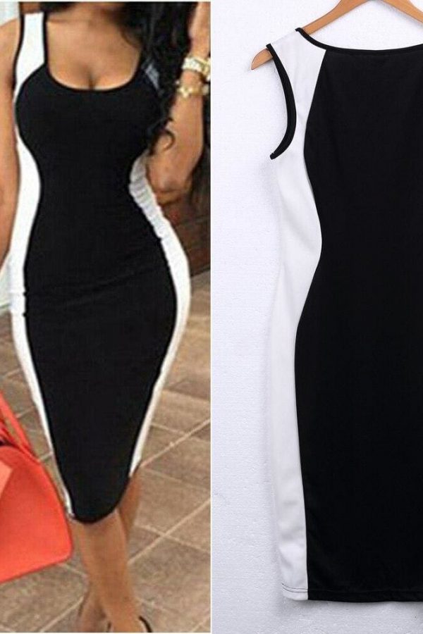 The Best Dress Fashion Women Backless Bodycon Dress Sleeveless Black White Patchwork Low Cut Package Hip Dress Online - Takalr