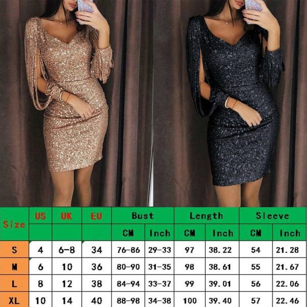 The Best Dress Newest Long Sleeve V Neck Tassels Bandage Dress Bodycon Evening Party Sequin MIni Dresses Clubwear Online - Takalr