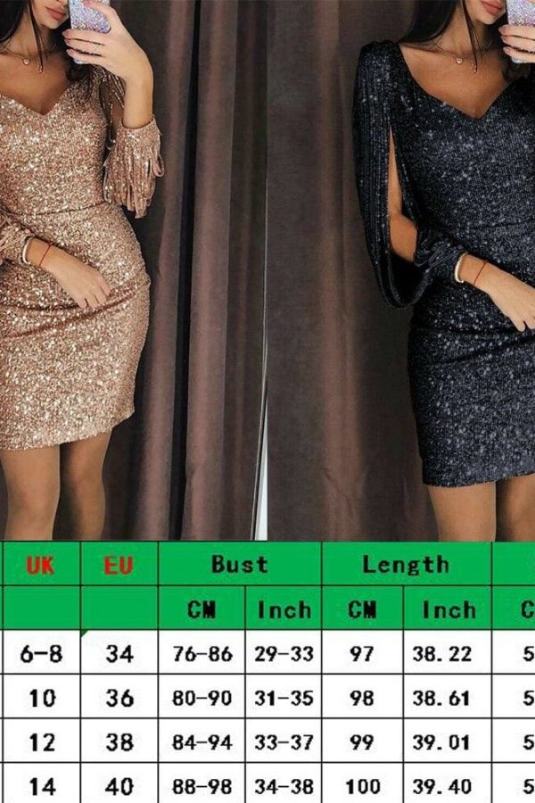 The Best Dress Newest Long Sleeve V Neck Tassels Bandage Dress Bodycon Evening Party Sequin MIni Dresses Clubwear Online - Takalr