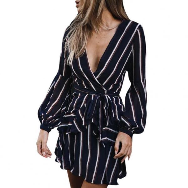 The Best Dress Women's Lantern Sleeve Striped V-Neck Dress Ruffle Mini Dress Online - Takalr