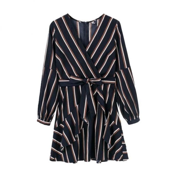 The Best Dress Women's Lantern Sleeve Striped V-Neck Dress Ruffle Mini Dress Online - Takalr