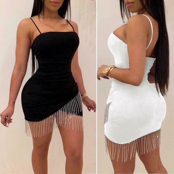 The Best Dresses Woman Party Night Birthday Tassel Split Sleeveless Bodycon Dress Summer Elegant Suspender Short Mini Pencil Dresses Online - Takalr