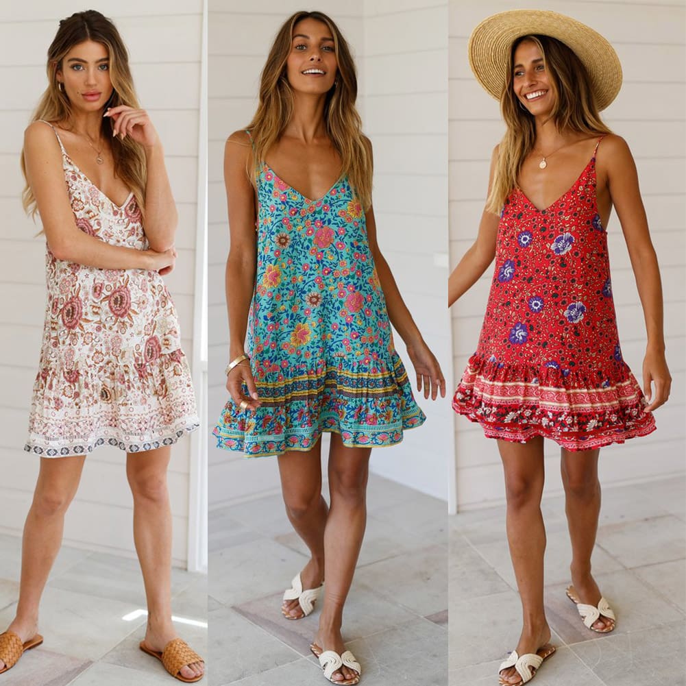 Women Boho Floral Dress Sleeveless Beach Dress Sundress Summer Deep V Neck Backless Loose Dresses