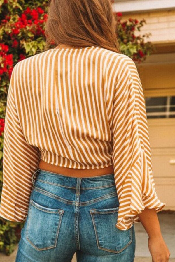 The Best Early Autumn Blouse Top Fashion Women's Casual Striped Bell Sleeve Low-Cut Deep V-neck Short Cropped Navel Autumn Top Online - Takalr