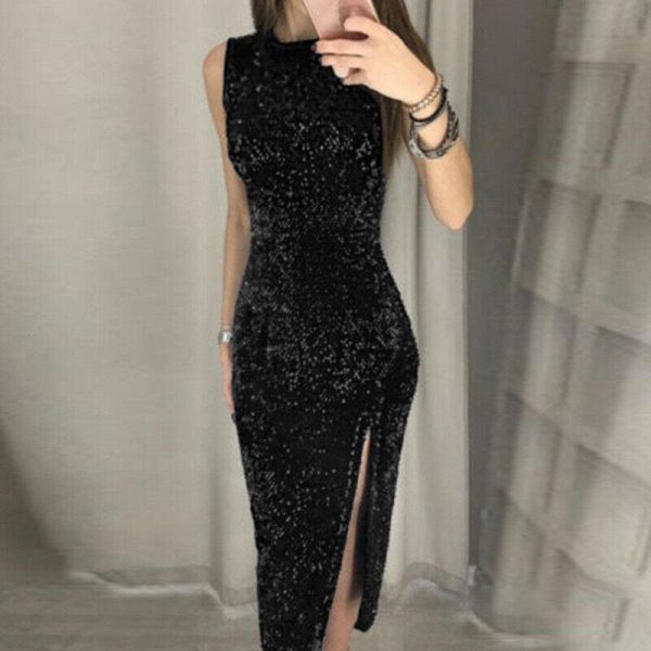 The Best Eleagnt Women's Bodycon Sequin Glitter Midi Short Dress Sexy Lady Sleeveless Slim Split Evening Party Gown Dress Online - Takalr