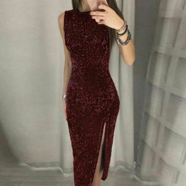 The Best Eleagnt Women's Bodycon Sequin Glitter Midi Short Dress Sexy Lady Sleeveless Slim Split Evening Party Gown Dress Online - Takalr