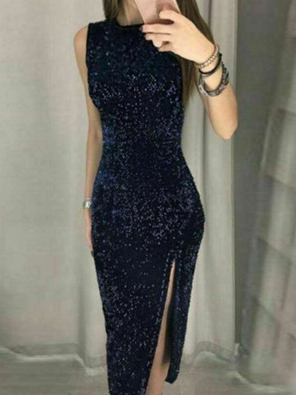 The Best Eleagnt Women's Bodycon Sequin Glitter Midi Short Dress Sexy Lady Sleeveless Slim Split Evening Party Gown Dress Online - Takalr