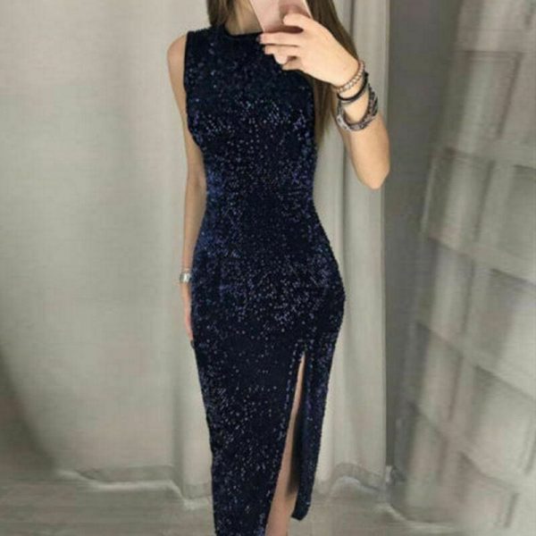 The Best Eleagnt Women's Bodycon Sequin Glitter Midi Short Dress Sexy Lady Sleeveless Slim Split Evening Party Gown Dress Online - Takalr