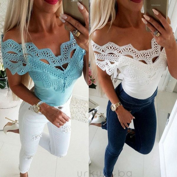 The Best Elegant Casual Off shoulder Lace Slim T-Shirt Top Ladies Sleeveless V-Neck Tops Sexy Slim Solid Shirts Online - Takalr