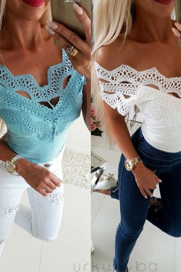 The Best Elegant Casual Off shoulder Lace Slim T-Shirt Top Ladies Sleeveless V-Neck Tops Sexy Slim Solid Shirts Online - Takalr