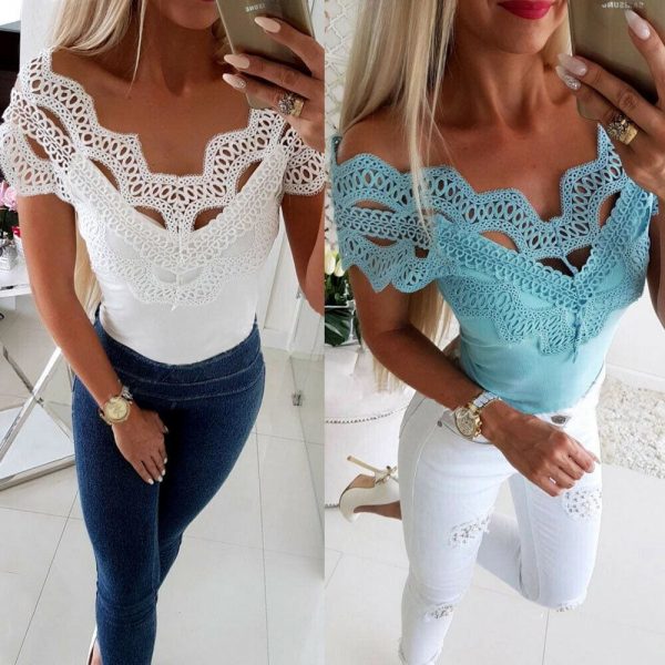 The Best Elegant Casual Off shoulder Lace Slim T-Shirt Top Ladies Sleeveless V-Neck Tops Sexy Slim Solid Shirts Online - Takalr