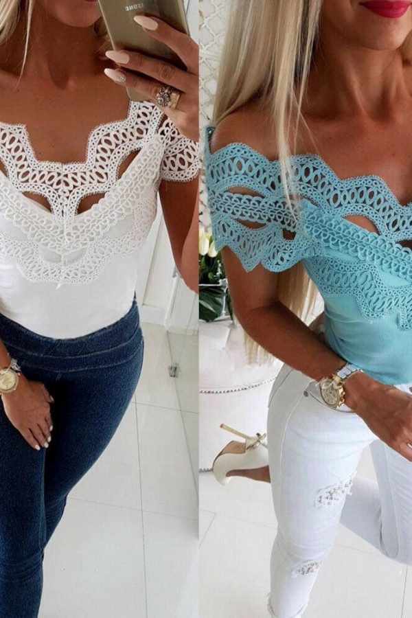 The Best Elegant Casual Off shoulder Lace Slim T-Shirt Top Ladies Sleeveless V-Neck Tops Sexy Slim Solid Shirts Online - Takalr