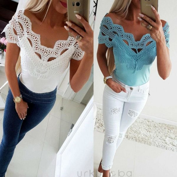 The Best Elegant Casual Off shoulder Lace Slim T-Shirt Top Ladies Sleeveless V-Neck Tops Sexy Slim Solid Shirts Online - Takalr