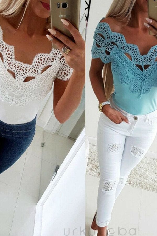 The Best Elegant Casual Off shoulder Lace Slim T-Shirt Top Ladies Sleeveless V-Neck Tops Sexy Slim Solid Shirts Online - Takalr