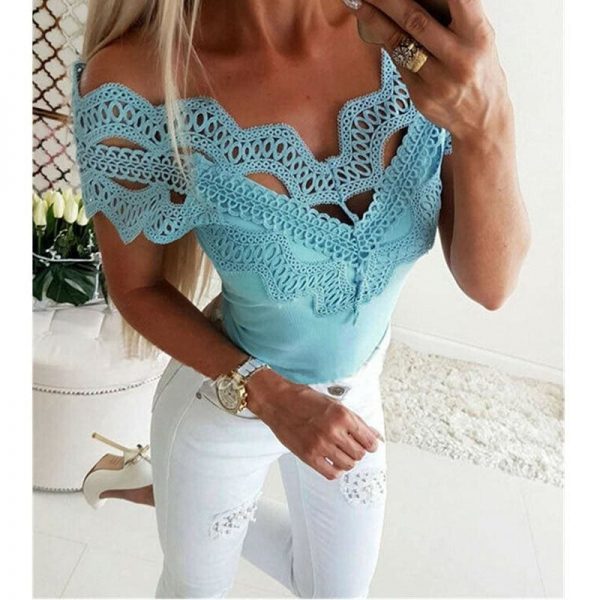 The Best Elegant Casual Off shoulder Lace Slim T-Shirt Top Ladies Sleeveless V-Neck Tops Sexy Slim Solid Shirts Online - Takalr