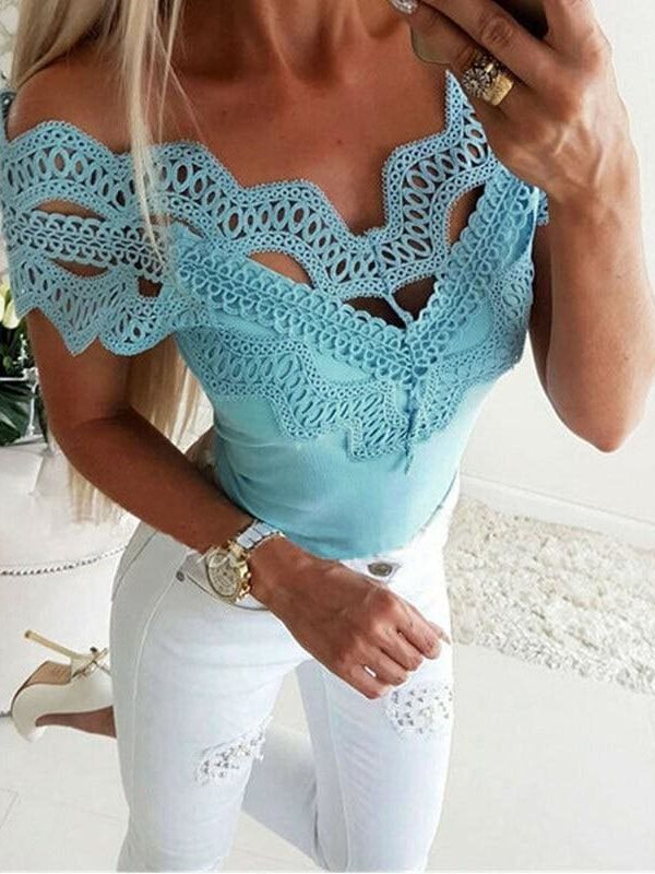 The Best Elegant Casual Off shoulder Lace Slim T-Shirt Top Ladies Sleeveless V-Neck Tops Sexy Slim Solid Shirts Online - Takalr