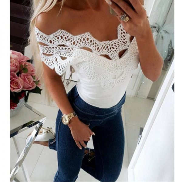 The Best Elegant Casual Off shoulder Lace Slim T-Shirt Top Ladies Sleeveless V-Neck Tops Sexy Slim Solid Shirts Online - Takalr