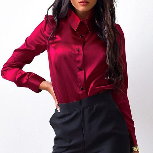 The Best Elegant Fashion Women Long Sleeve Button Down Shirt OL Work Ladies Satin Loose Lapel Blouse Casual Tee Tops Online - Takalr