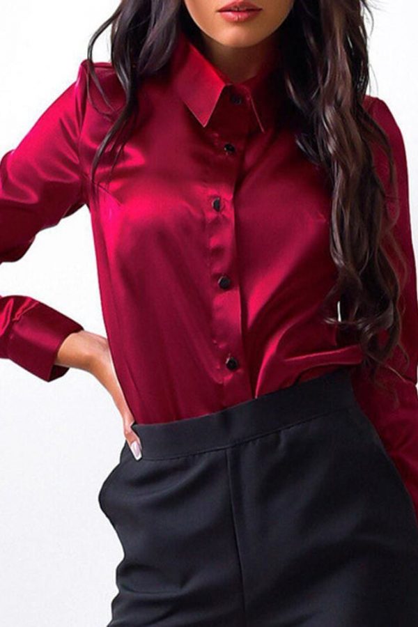 The Best Elegant Fashion Women Long Sleeve Button Down Shirt OL Work Ladies Satin Loose Lapel Blouse Casual Tee Tops Online - Takalr