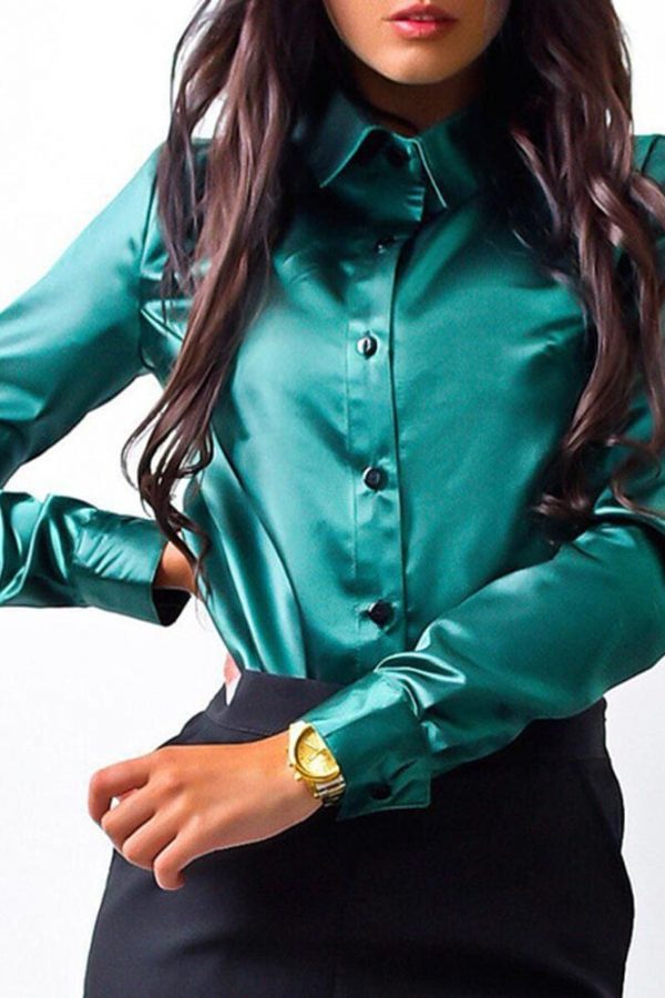 The Best Elegant Fashion Women Long Sleeve Button Down Shirt OL Work Ladies Satin Loose Lapel Blouse Casual Tee Tops Online - Takalr