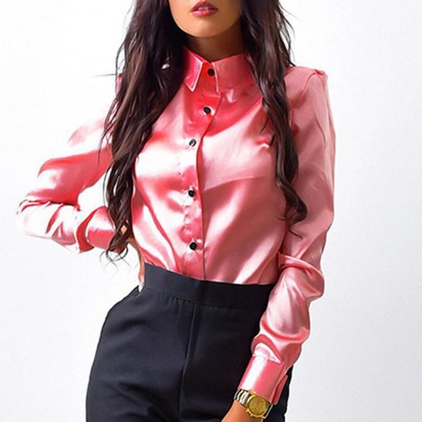 The Best Elegant Fashion Women Long Sleeve Button Down Shirt OL Work Ladies Satin Loose Lapel Blouse Casual Tee Tops Online - Takalr