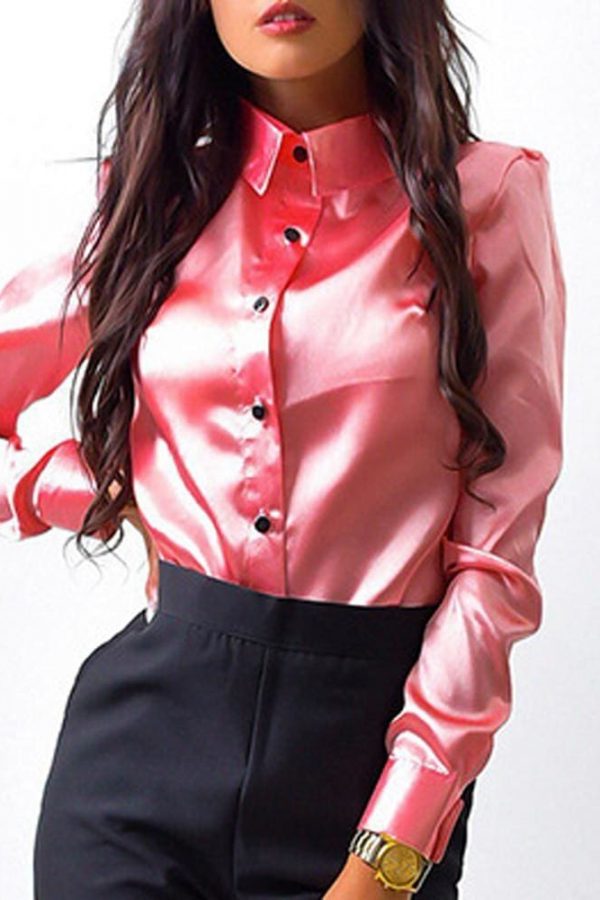 The Best Elegant Fashion Women Long Sleeve Button Down Shirt OL Work Ladies Satin Loose Lapel Blouse Casual Tee Tops Online - Takalr