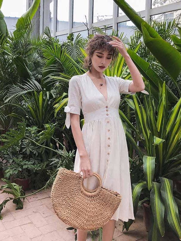 The Best Elegant High Waist Short Lace Up Bow Sleeve V Neck Vintage Dress Online - Takalr